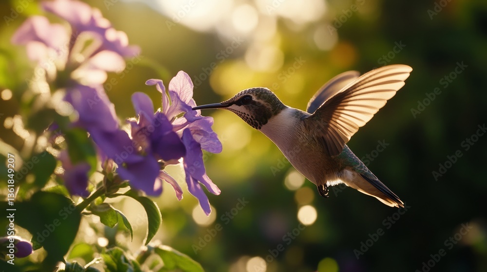 Fototapeta premium A hummingbird hovers gracefully, sipping nectar from a vibrant purple flower in the golden glow of late afternoon.
