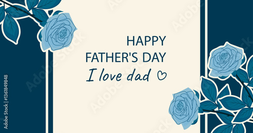 Blue blossoming roses on stem with leaves on blue background with beige frame. Vector illustration. Background horizontal for father's day. Greeting card invitation. Festive banner for sale.