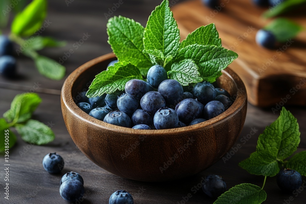 Fresh blueberries and mint leaves arranged in a wooden bowl on a rustic table setting Fresh blueberries and mint leaves arranged in a wooden bowl on a rustic table setting