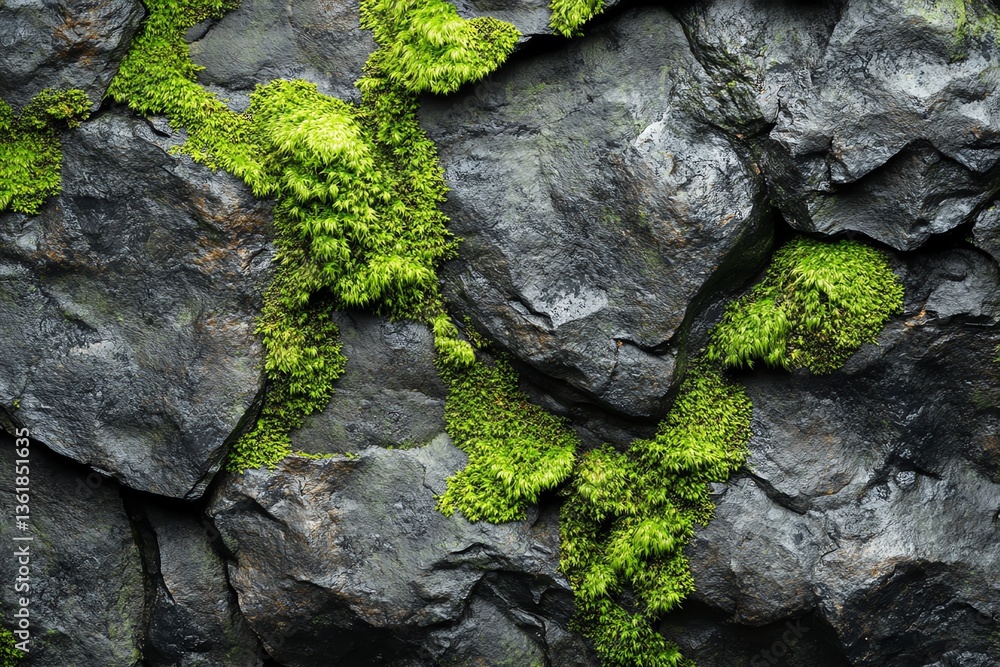 Green Moss Growing on Dark Volcanic Rock Texture Background Green Moss Growing on Dark Volcanic Rock Texture Background
