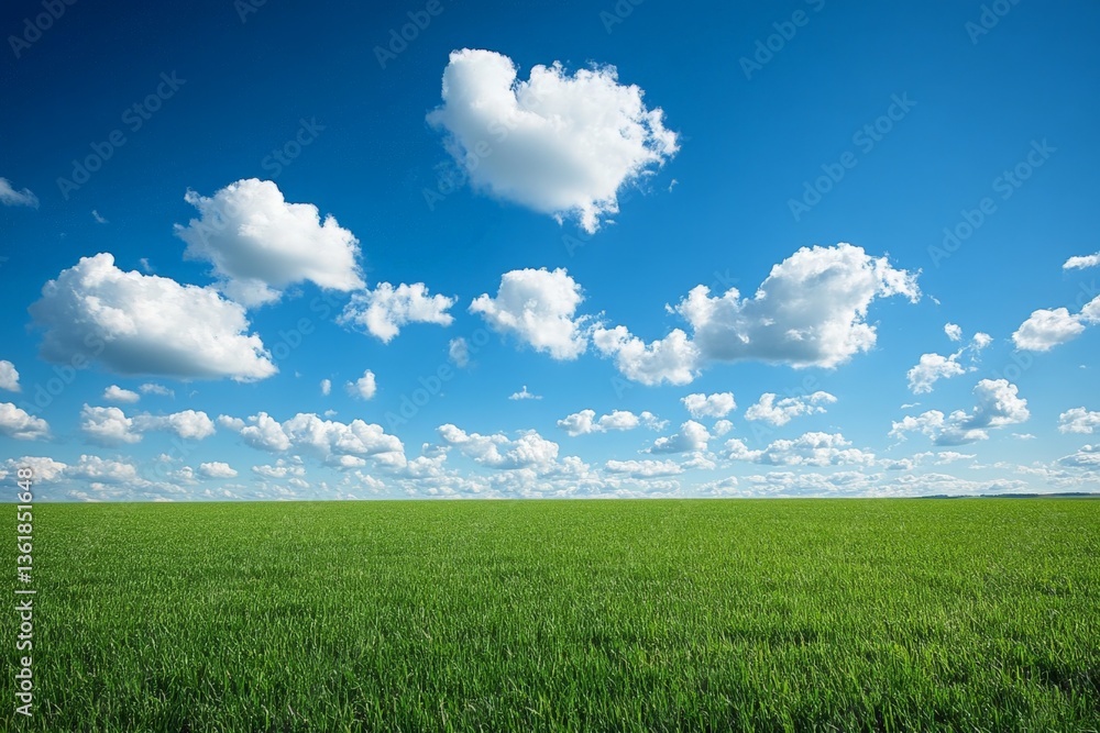 Obraz premium Bright blue sky with fluffy clouds over a vibrant green field during a sunny day