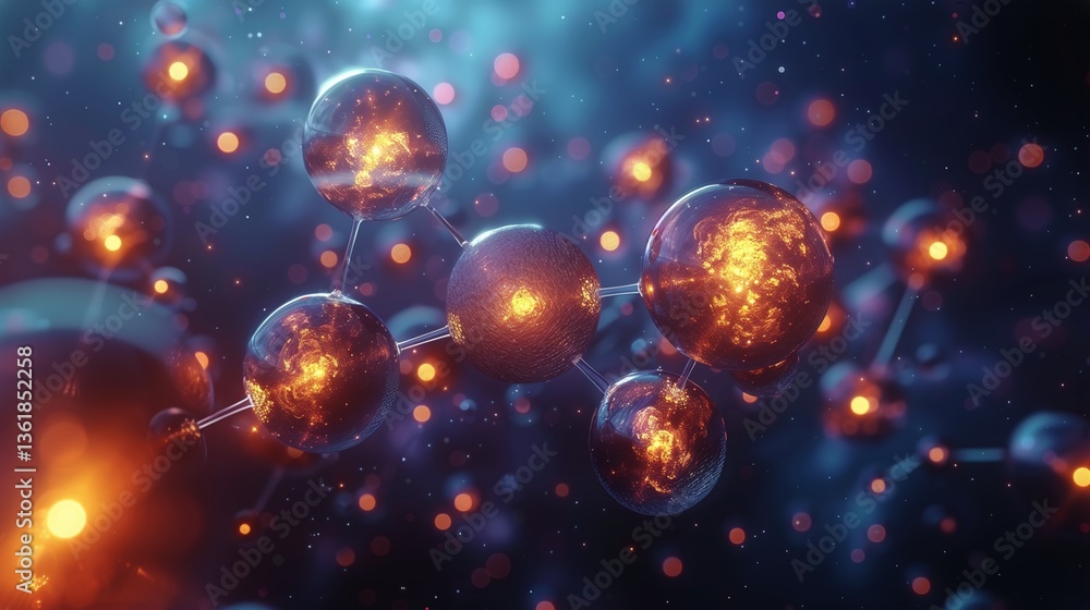 Abstract illustration of molecular structure with glowing particles, representing the intersection of science, technology, and innovation. Abstract illustration of molecular structure with glowing particles, representing the intersection of science, technology, and innovation.