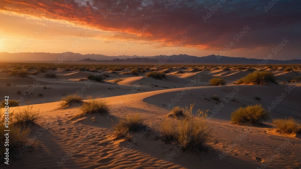 Fototapeta premium A serene desert landscape at sunset, showcasing sand dunes and vibrant sky colors.