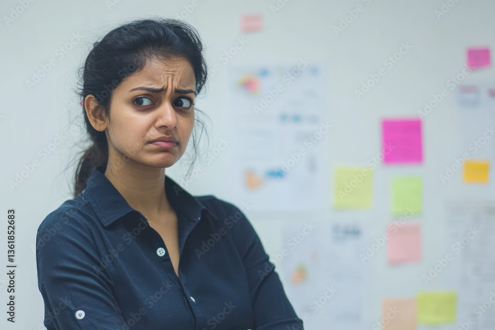 Confused professional indian female project manager facing deadline challenges in office. time management, productivity and efficiency at work, business, entrepreneurship Confused professional indian female project manager facing deadline challenges in office. time management, productivity and efficiency at work, business, entrepreneurship