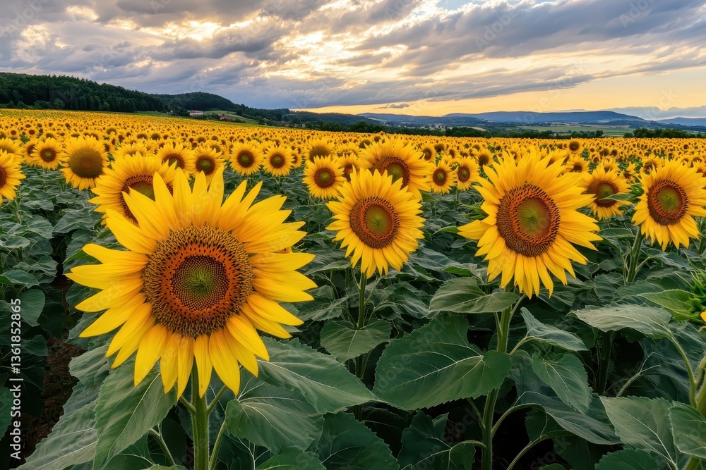 Fototapeta premium Sunflower field stretching under a golden sky 