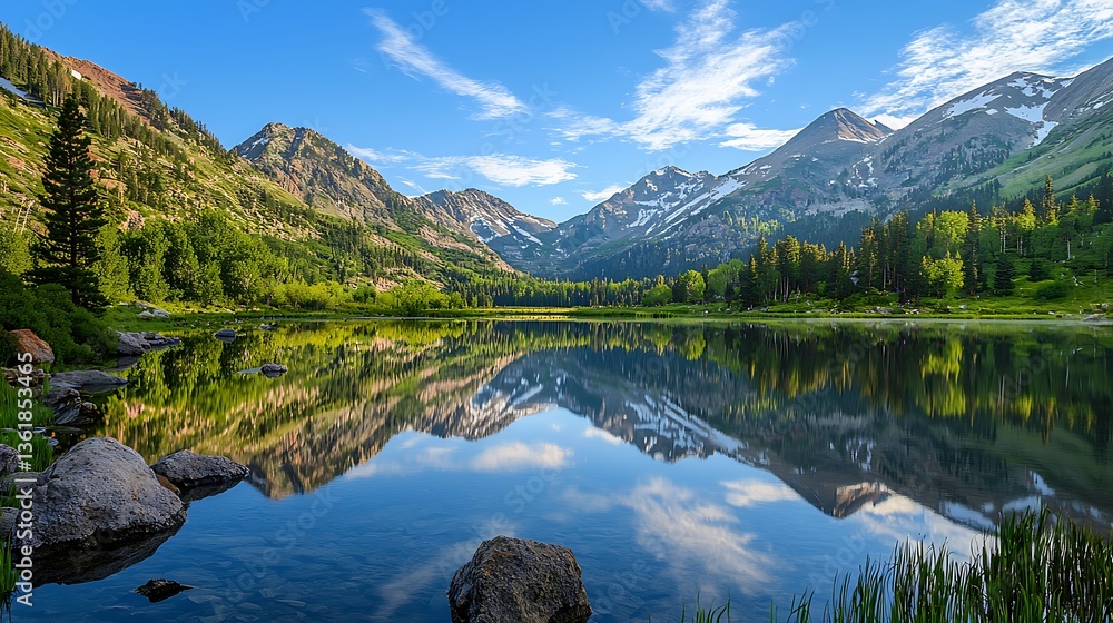 Fototapeta premium A photo of a serene landscape with a calm lake reflecting the surrounding mountains