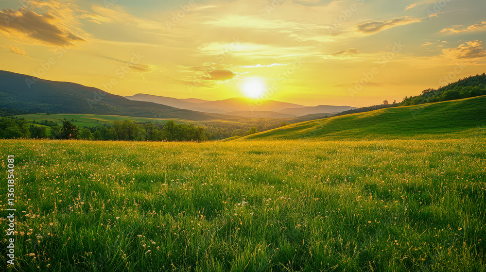 Fototapeta premium A field of grass with a sun setting in the background