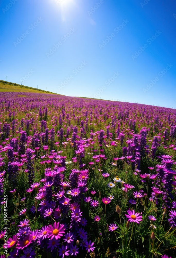 A vibrant meadow carpeted in purple and pink wildflowers, bathed in clear sunlight under a flawless blue sky, background, landscape A vibrant meadow carpeted in purple and pink wildflowers, bathed in clear sunlight under a flawless blue sky, background, landscape