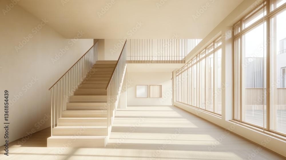 Fototapeta premium Modern Minimalist Staircase Interior Design with Sunlit Windows