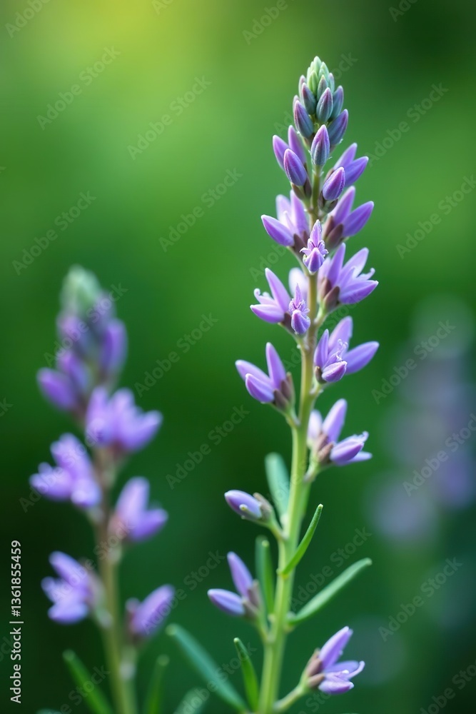 Obraz premium Close-up of delicate purple flowers blooming on a vibrant rosemary plant in full bloom against a soft blurred green background, rosemary, close-up