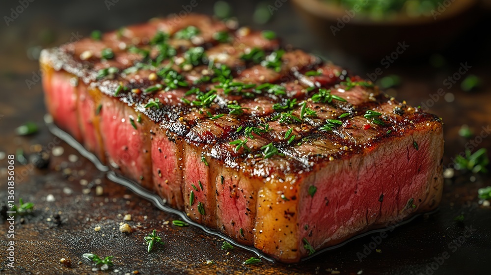 a slice of steak coated with thyme showcases its tender texture,deep pink color with a savory herb coating perfect for gourmet sandwiches charcuterie boards