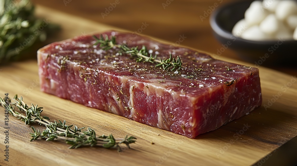 a slice of steak coated with thyme showcases its tender texture,deep pink color with a savory herb coating perfect for gourmet sandwiches charcuterie boards