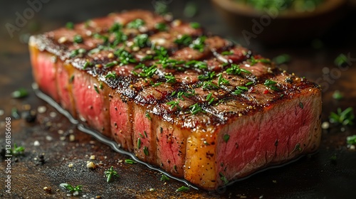 Obraz na płótnie a slice of steak coated with thyme showcases its tender texture,deep pink color with a savory herb coating perfect for gourmet sandwiches charcuterie boards w salonie