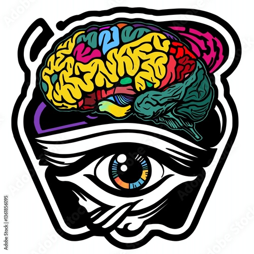 This vibrant doodle art features a colorful brain atop an eye, blending creativity and intellect with bold lines and imaginative details, evoking curiosity and thought.
