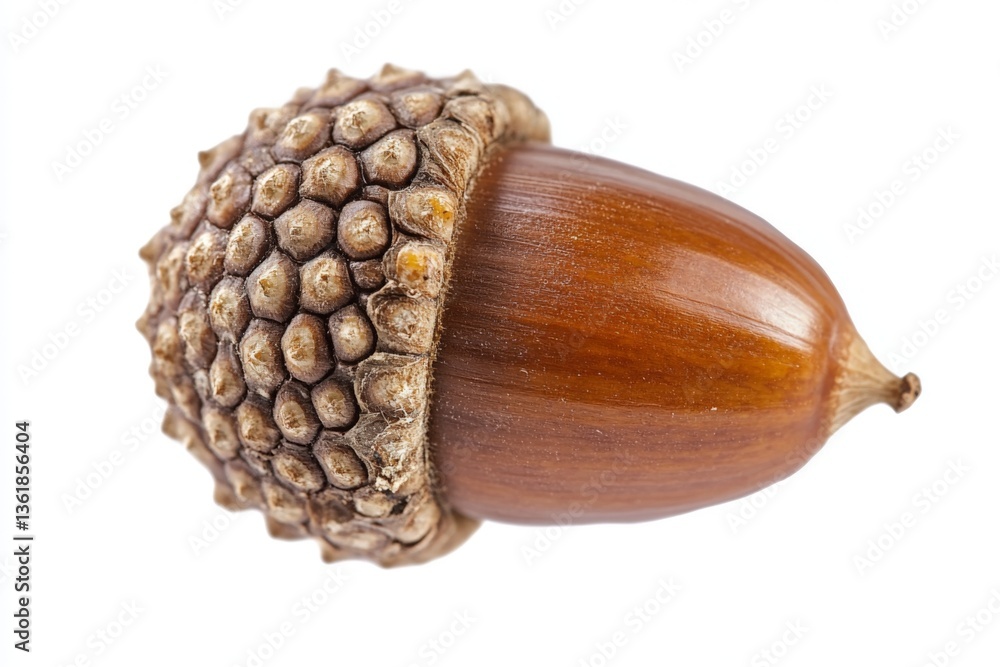 Close-up view of an acorn showcasing details of the nut and cap located on a white background Close-up view of an acorn showcasing details of the nut and cap located on a white background