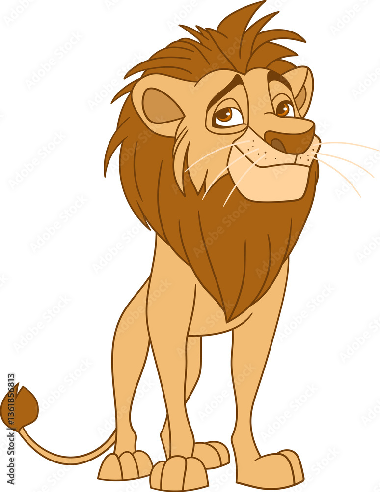 Obraz premium A cheerful, cartoon style lion with a fluffy brown mane stands on all fours against a black background, looking upwards thoughtfully.