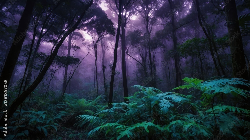 Fototapeta premium A mystical forest scene shrouded in purple mist, showcasing lush greenery and towering trees.