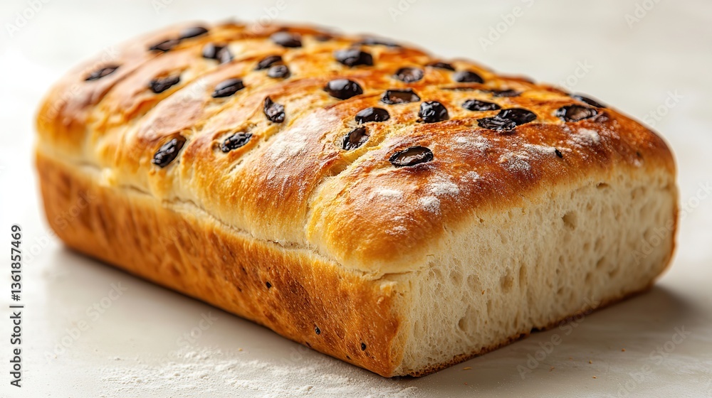 a square olive ciabatta bread loaf with a golden crust,visible olive pieces dusted lightly with flour showcasing its artisanal,flavorful appearance on a white background