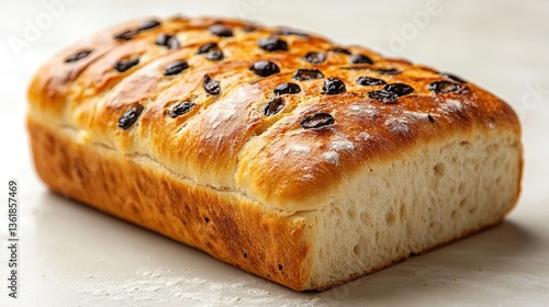 Obraz na płótnie a square olive ciabatta bread loaf with a golden crust,visible olive pieces dusted lightly with flour showcasing its artisanal,flavorful appearance on a white background w salonie
