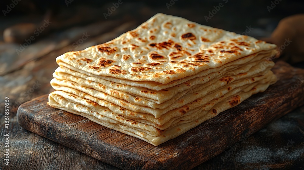 a stack of traditional lavash bread thin,lightly toasted resting on a wooden board the airy texture,slight charring highlight its simplicity ideal for homemade meals or wraps