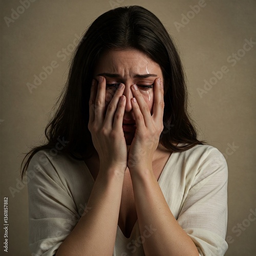 young woman covering her face with hands