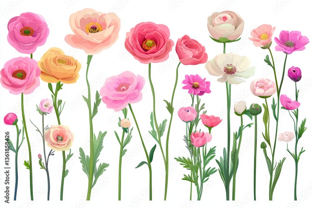 Fototapeta premium Colorful blooms of ranunculus flowers in various shades displaying their beauty in a sunny garden setting