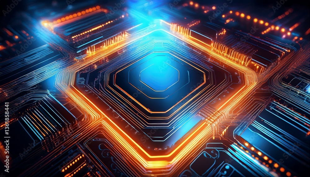 Neon-Lit Futuristic Circuit Board with Quantum Computing Core, Dramatic Sci-Fi Lighting, and High-Tech Holographic Visualization Neon-Lit Futuristic Circuit Board with Quantum Computing Core, Dramatic Sci-Fi Lighting, and High-Tech Holographic Visualization