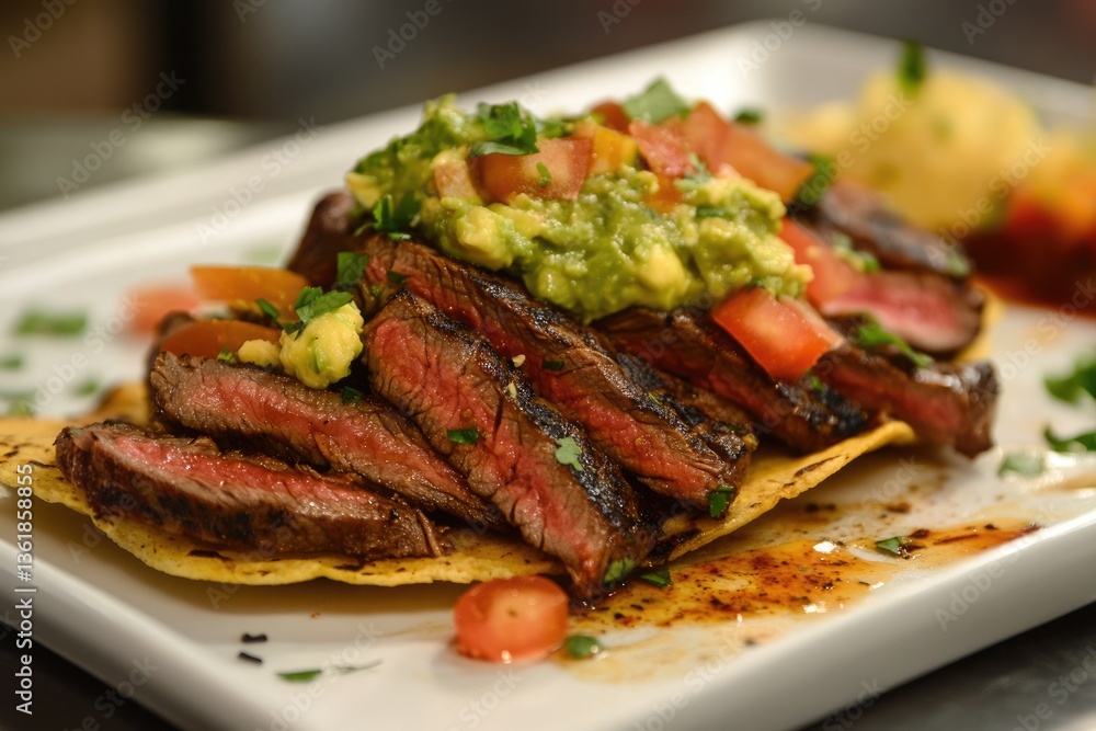 Steak Nachos Plate: Loaded Mexican Appetizer with Guacamole and Crema Steak Nachos Plate: Loaded Mexican Appetizer with Guacamole and Crema