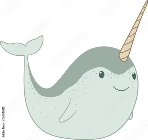 A delightful cartoon narwhal swims gracefully, its iconic horn a standout feature against the plain background. Its simple design evokes joy.