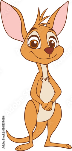 Cartoon kangaroo stands upright smiling with big ears and clasped hands, set against a solid black background.