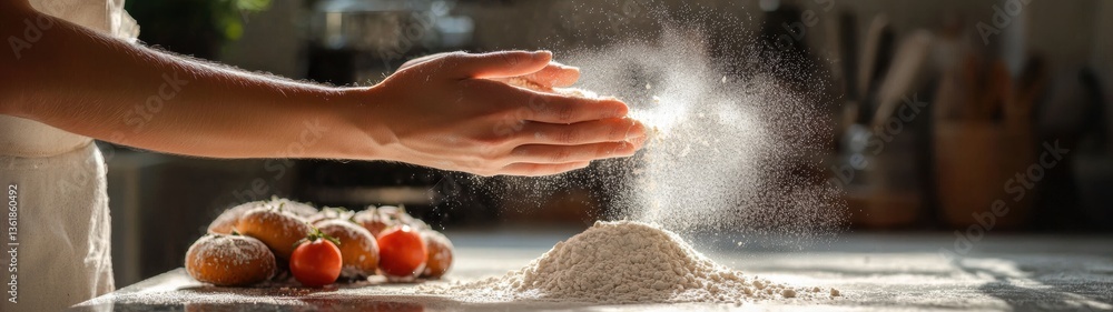 Fototapeta premium A person expertly sprinkling flour onto a wooden table for preparation of baking goods