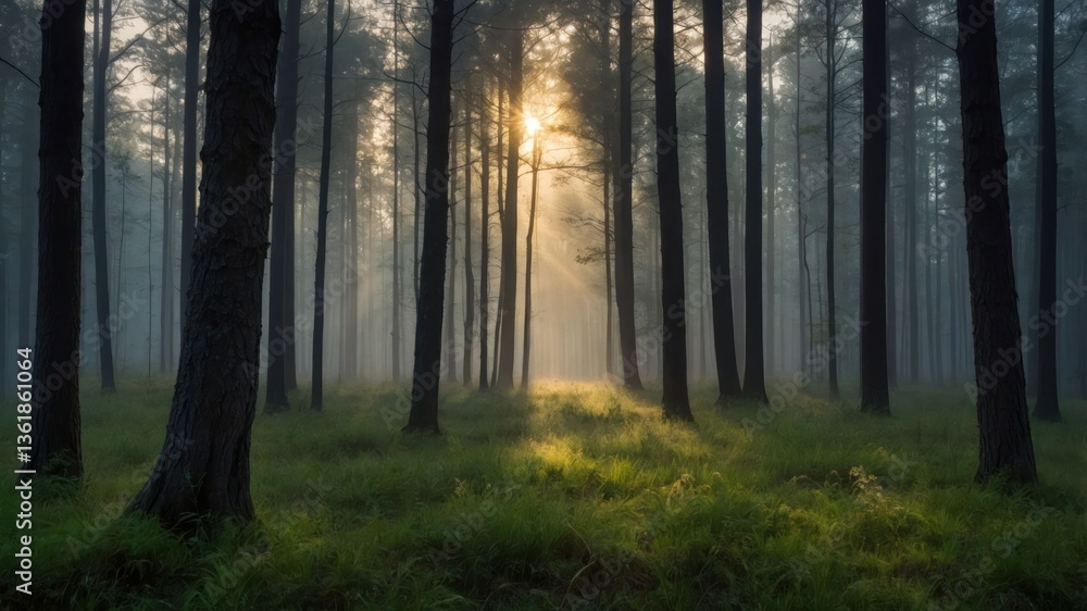 Naklejka premium A serene forest scene with sunlight piercing through misty trees, creating a mystical atmosphere.