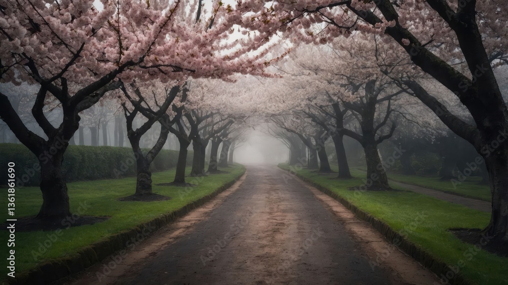 A serene path lined with cherry blossom trees, shrouded in fog, creating a tranquil atmosphere. A serene path lined with cherry blossom trees, shrouded in fog, creating a tranquil atmosphere.