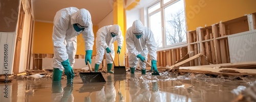 Workers in protective gear clean up water damage in a flooded room, showcasing restoration efforts in a residential space.