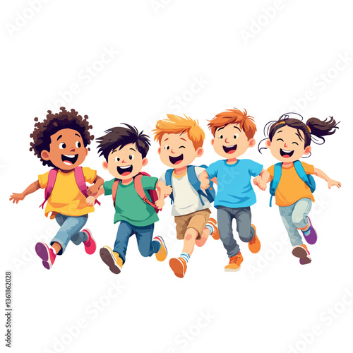 Happy multiethnic students running together holding hands