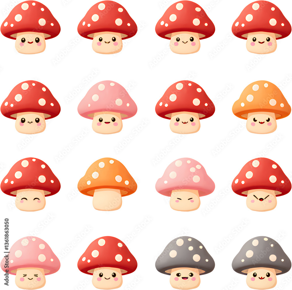 Cartoon Mushroom Grid with Various Colors and Expressions, Transparent Background Cartoon Mushroom Grid with Various Colors and Expressions, Transparent Background