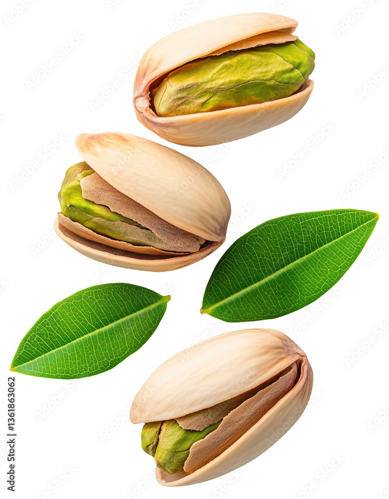 Three pistachios with green leaves Three pistachios with green leaves