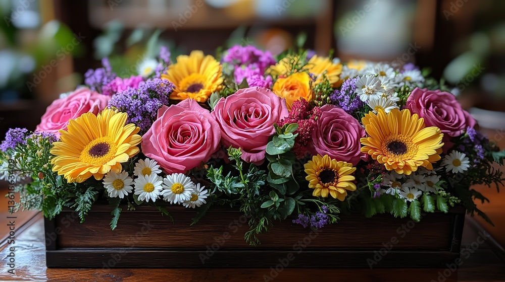 Obraz premium a vibrant floral arrangement featuring a mix of pink roses yellow daisies white daisies,orange roses accented with greenery,purple flowers perfect for celebrations
