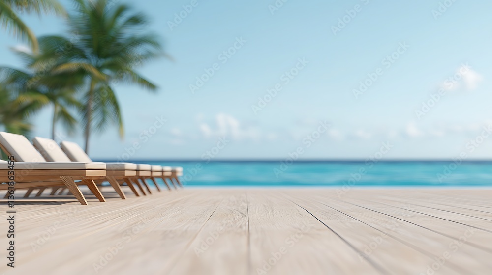 Fototapeta premium A serene beach scene featuring wooden lounge chairs, palm trees, and a bright blue ocean under a clear sky, perfect for relaxation.