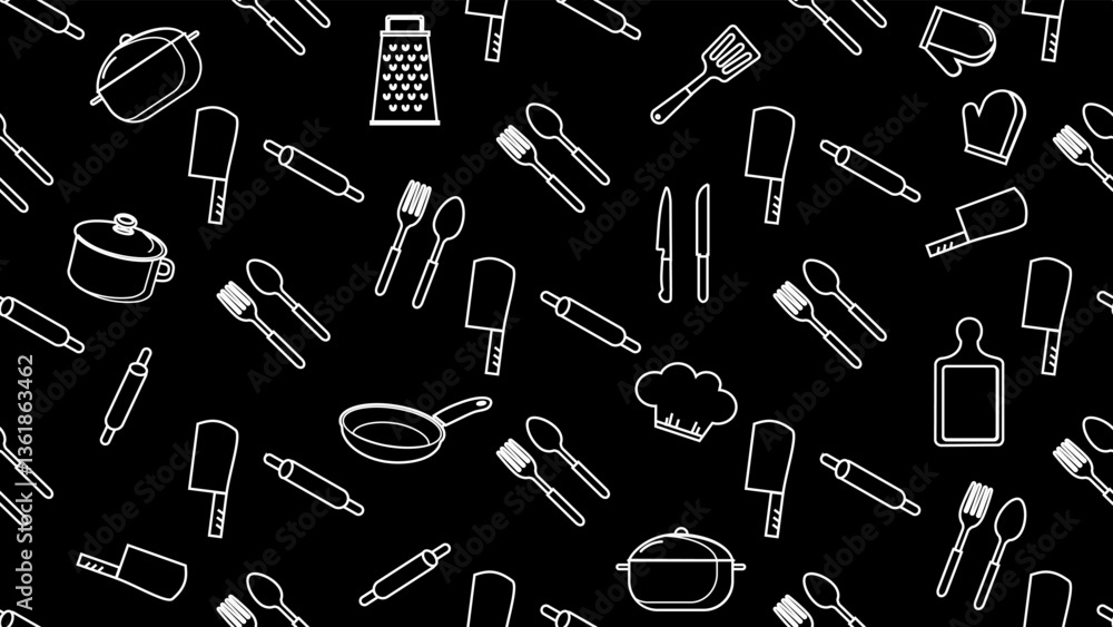 Kitchen utensils seamless pattern background. Kitchen set seamless pattern. Doodle of kitchen set, cooking utensils seamless pattern. Perfect for fabric, textile, wallpaper, decor, print, packaging Kitchen utensils seamless pattern background. Kitchen set seamless pattern. Doodle of kitchen set, cooking utensils seamless pattern. Perfect for fabric, textile, wallpaper, decor, print, packaging