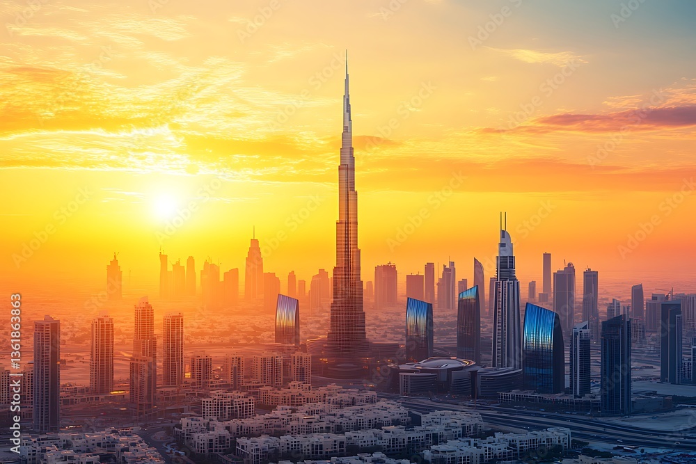 Obraz premium Aerial view of the Dubai city skyline at sunset with golden, orange and yellow sky