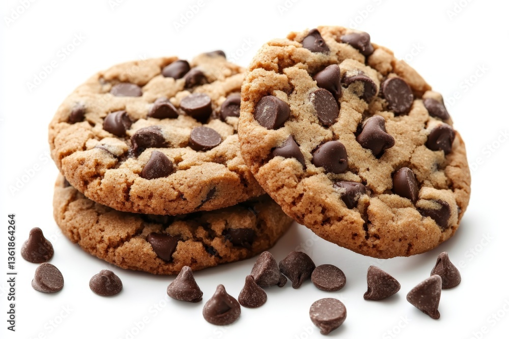 Freshly baked chocolate chip cookies arranged on a clean surface with chocolate chips scattered around Freshly baked chocolate chip cookies arranged on a clean surface with chocolate chips scattered around