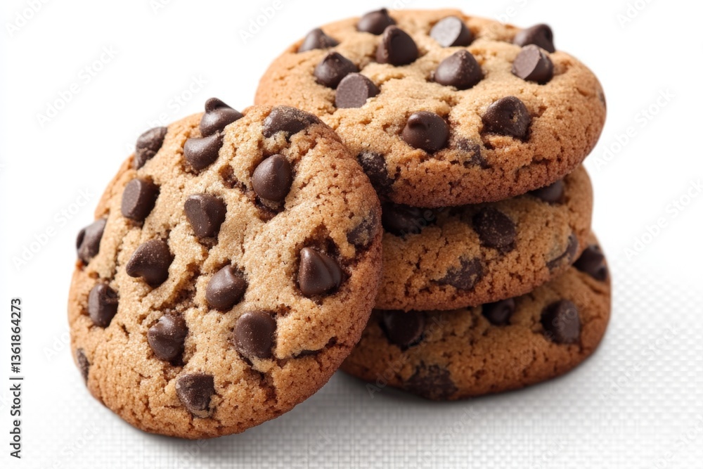 Delicious chocolate chip cookies stacked on a white surface ready for enjoyment at a kitchen gathering Delicious chocolate chip cookies stacked on a white surface ready for enjoyment at a kitchen gathering
