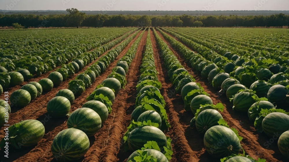 Fototapeta premium A vast field of watermelons growing in neat rows under a clear sky.