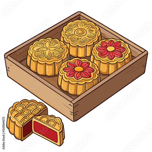 Create a bold vector illustration of a rustic wooden tray brimming with delicious mooncakes.  Emphasize texture and rich color.