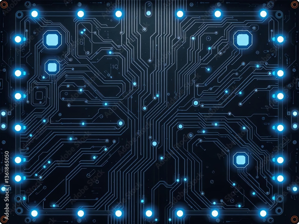 Dark futuristic circuit board background with glowing blue elements, Ai Generate.