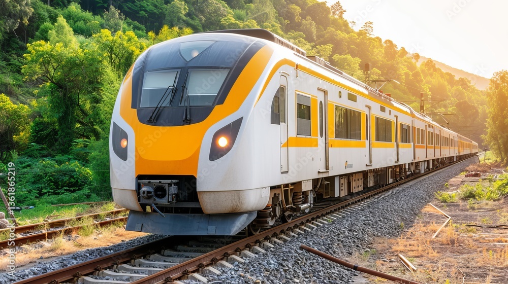 Naklejka premium Modern train in natural scenery