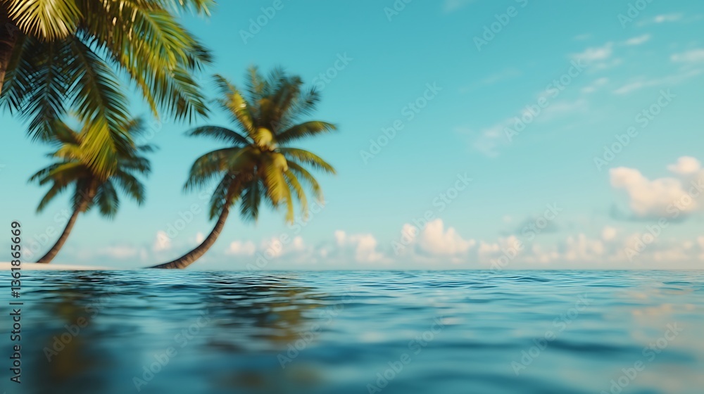 Fototapeta premium A serene tropical scene featuring palm trees beside calm waters under a clear blue sky, evoking a sense of relaxation and tranquility.