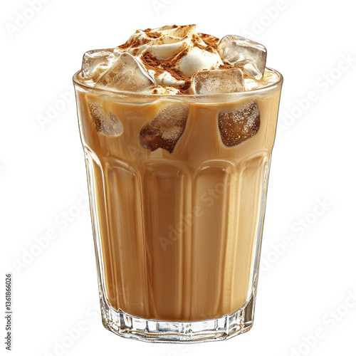 A glass of chilled iced coffee with cream and ice cubes, isolated on a white background.