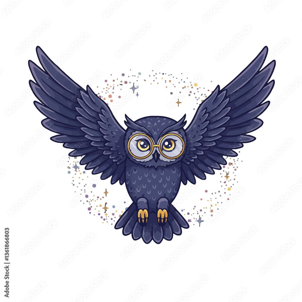 Obraz premium A cute owl with golden glasses and spread wings